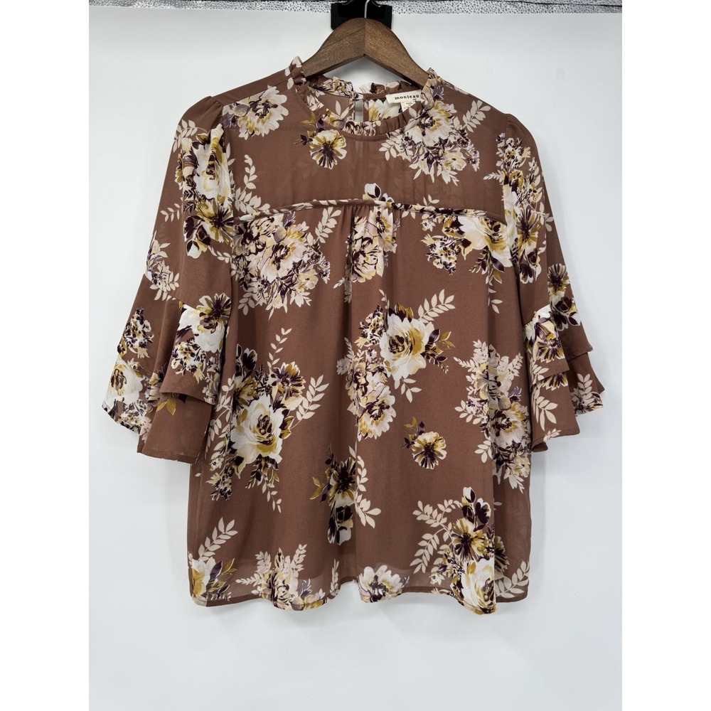 Boho Cottagecore Brown Ditsy Floral Ruffle Neck Bell Sleeve Blouse XL‎